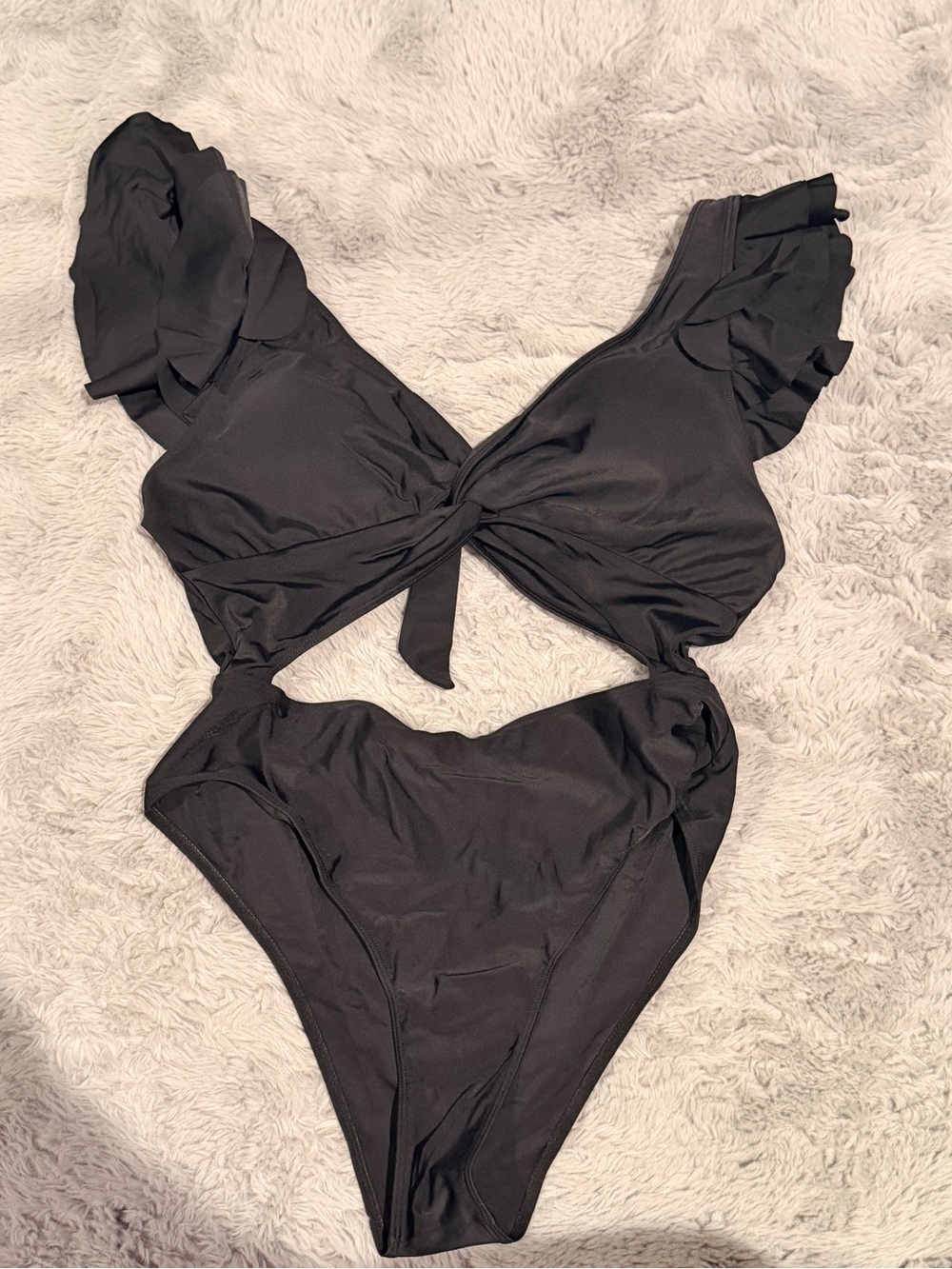 Black Ruffle-Sleeve One-Piece Swimsuit with Front Tie